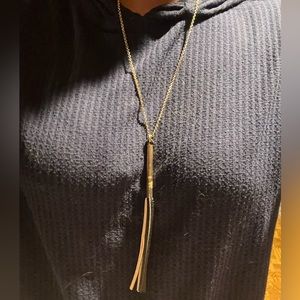 Tassel Thin Pendant 18” Long Necklace Boho Gold Tone Black Cream Fashion Jewelry